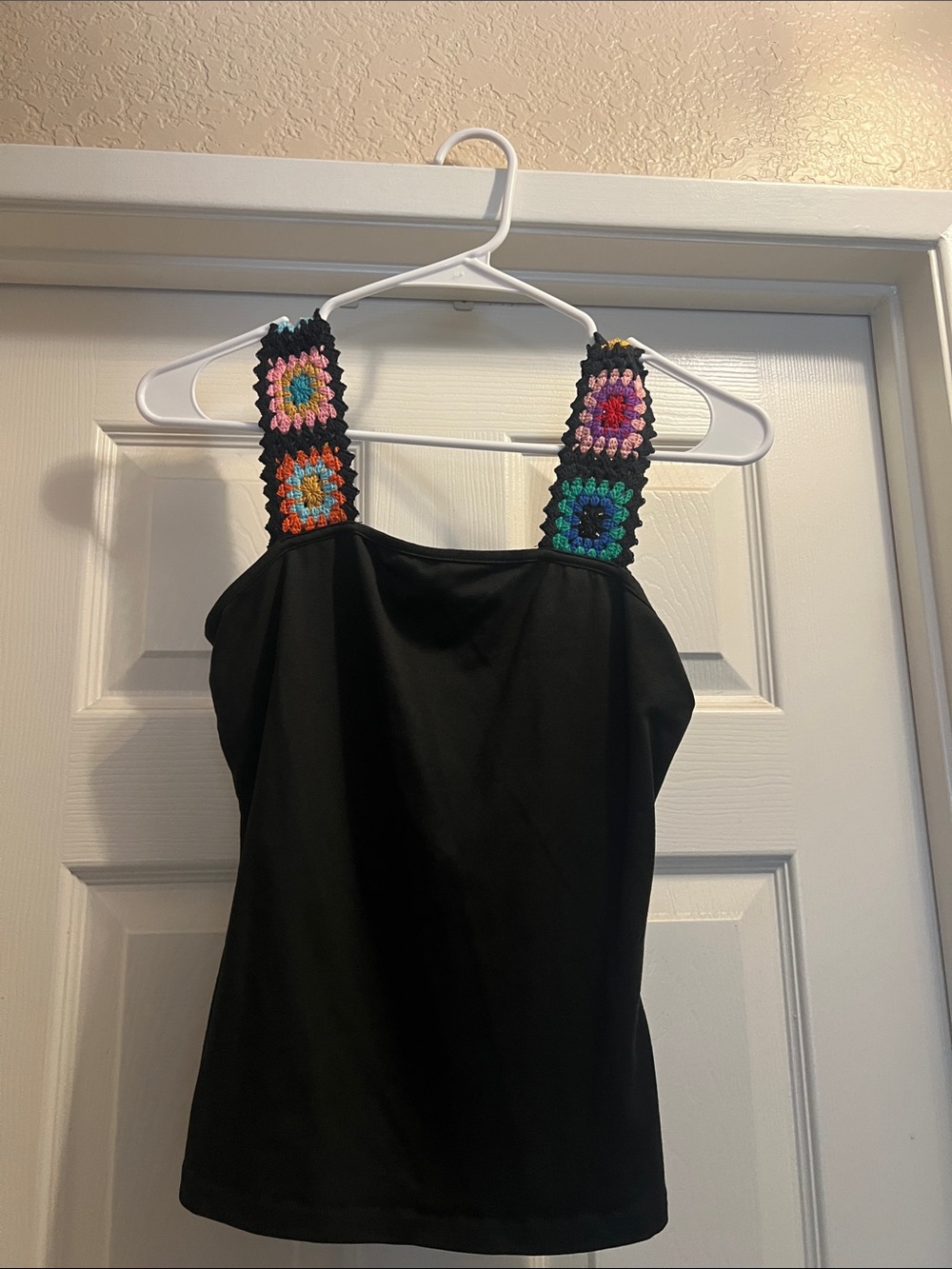 Black Tank Top with Multicolor Crochet Straps